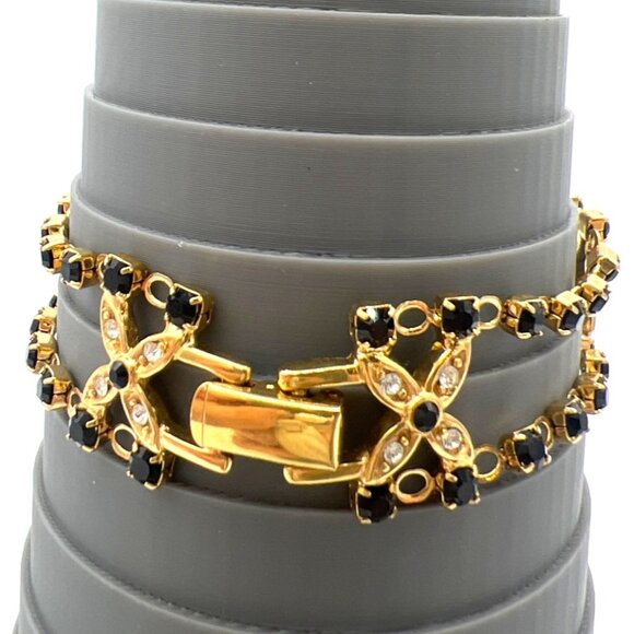 Black & Clear Crystal Bracelet Floral Hugs Gold-tone Chain - 7.25" - Picture 5 of 16